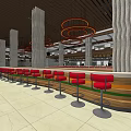 Modern Restaurant Interior With Open Bar Red Seats And Decorative Columns 3d model