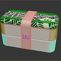 Display Shelf With Double Layer Bento Box Featuring Green Leaf Pattern And White Strap 3d model