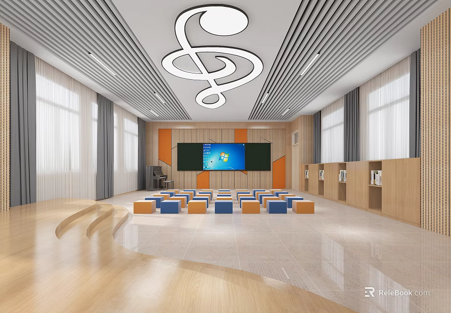 Modern School Music Classroom With Treble Clef Light And Seats 3d model 
