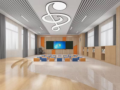 Modern School Music Classroom With Treble Clef Light And Seats 3d model