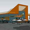 Modern Restaurant With Orange Staircase Blue Seating And Outdoor Dining Tables