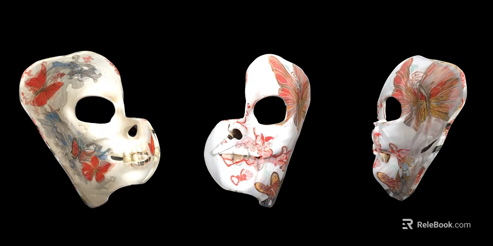 Decorative White Masks With Butterfly And Flower Patterns On Black Background 3d model 