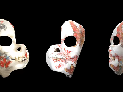 Decorative White Masks With Butterfly And Flower Patterns On Black Background 3d model