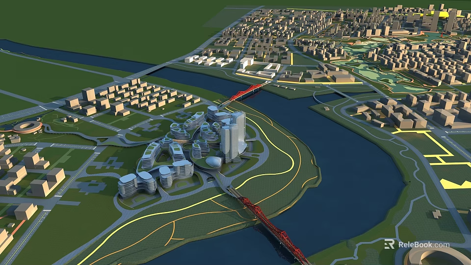 Aerial View Urban Planning With River Red Bridge Buildings Roads And Green Spaces 3d model 
