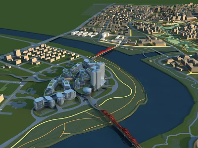Aerial View Urban Planning With River Red Bridge Buildings Roads And Green Spaces 3d model