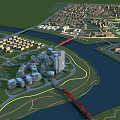 Aerial View Urban Planning With River Red Bridge Buildings Roads And Green Spaces