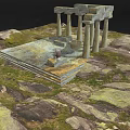 Ancient Stone Ruins With Columns Platform And Rocky Grassy Ground Surroundings