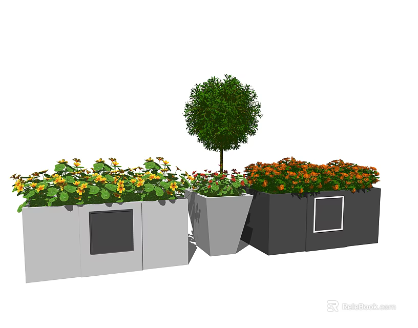 Stylish Flower Pots With Yellow Orange Flowers And Small Tree In Gray Black Design 3d model 