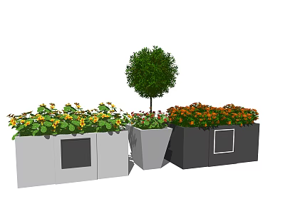 Stylish Flower Pots With Yellow Orange Flowers And Small Tree In Gray Black Design 3d model