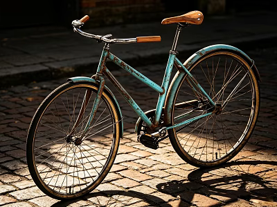 Vintage Teal Bicycle With Wooden Handlebars And Seat On Brick Pavement 3d model