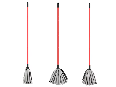 Three Practical Household Brooms With Red Handles Black Connectors And Gray Bristles 3d model