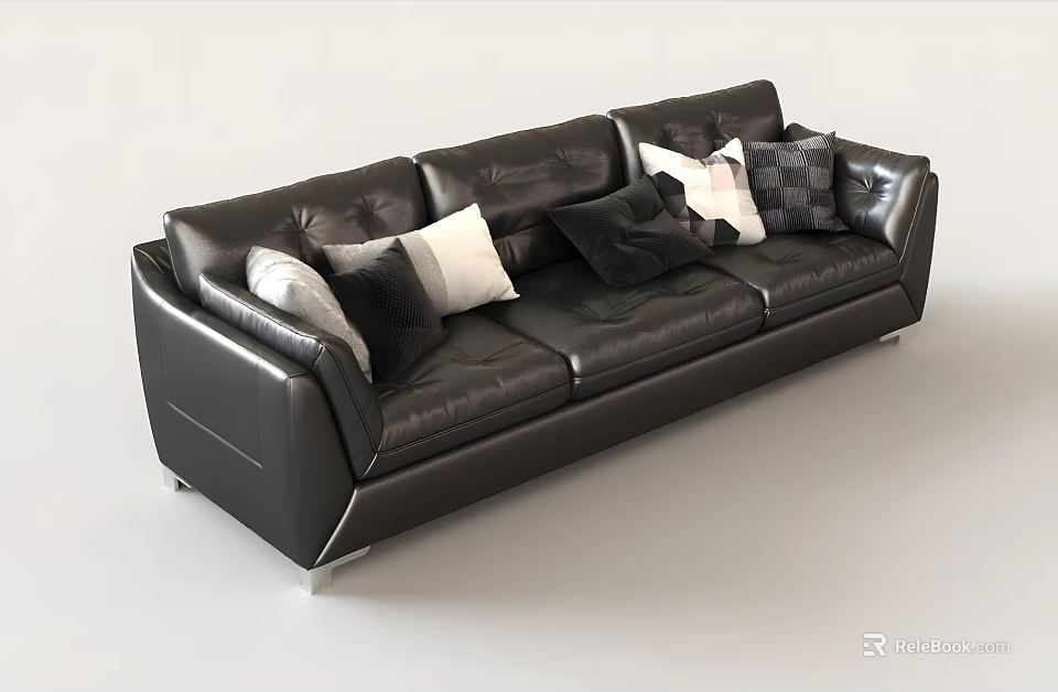 Modern Black Leather Three-Seater Sofa with White And Black Cushions and Metal Legs 3d model 