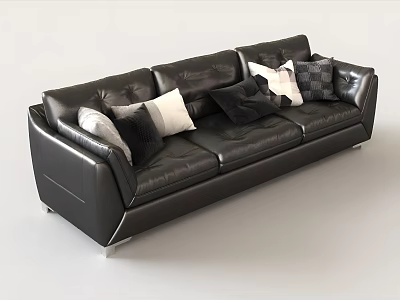 Modern Black Leather Three-Seater Sofa with White And Black Cushions and Metal Legs 3d model