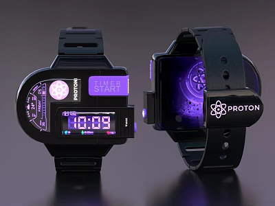 Digital Sport Chronograph Proton Watches With Purple Display Gear Design Black Straps 3d model