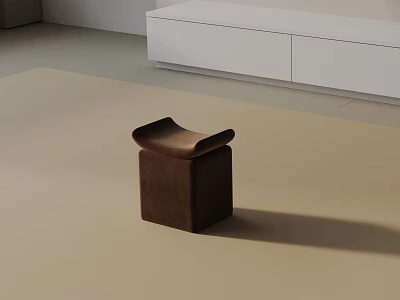 Brown Cube Shaped Side Table With Curved Top On Light Colored Floor Against White Cabinet 3d model