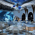 Luxurious Banquet Hall With Gorgeous Ceiling Blue Decorations Crystal Chandeliers Stage And Tables Chairs