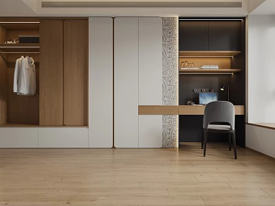 Modern Wooden White Wardrobe Design With Hanging Area Desk And Chair 3d model