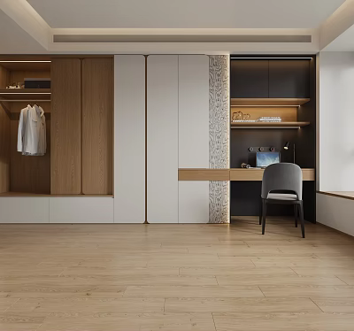 Modern Wooden White Wardrobe Design With Hanging Area Desk And Chair 3d model