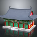 Traditional Building With Gray Roof Curved Eaves Green Doors Red Accents And White Base