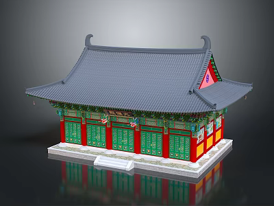 Traditional Building With Gray Roof Curved Eaves Green Doors Red Accents And White Base 3d model