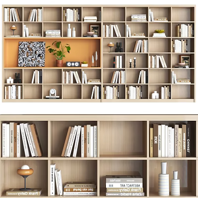 Modern Open Bookcase Interior With Stacked Books Decorative Plants And Ornaments 3d model