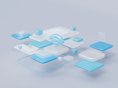 Abstract Geometric Design With Floating Blue White Blocks And Wi-Fi Signal 3d model
