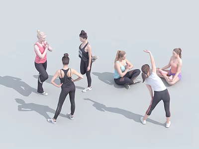 Group of People Doing Various Stretching Exercises and Yoga Poses 3d model
