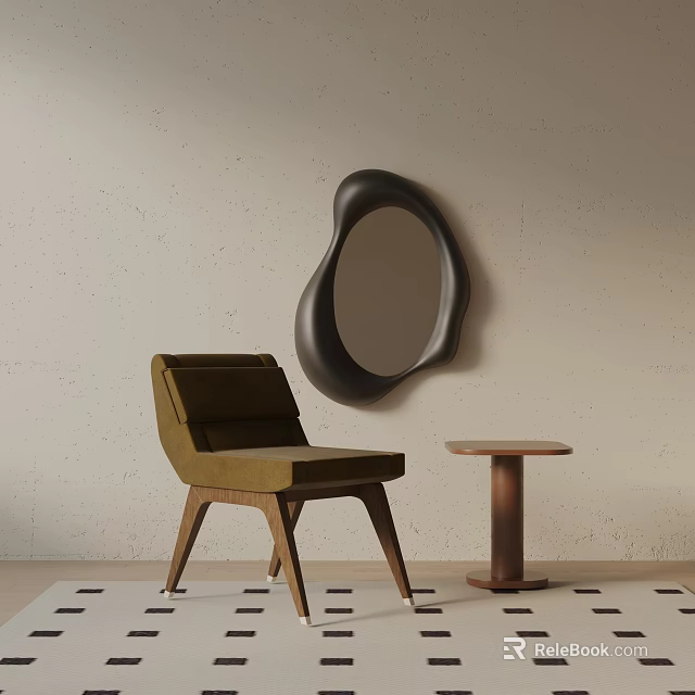 Stylish Leisure Chair With Round Side Table And Abstract Black Mirror In Minimalist Space 3d model 