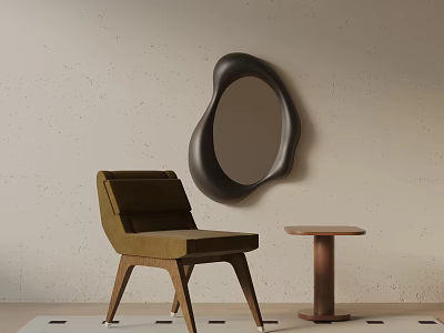 Stylish Leisure Chair With Round Side Table And Abstract Black Mirror In Minimalist Space 3d model