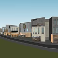 Modern Commercial Street with Beige Stone Facades Multiple Shop Fronts Glass Windows and Parking Area