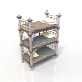 Three Tiered Elegant Display Shelf With Carved Details And Colored Cushions