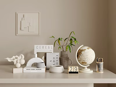 Decorative Ornament Set with Globe Green Plant Books Geometric Decor and Number Calendar on Shelf 3d model