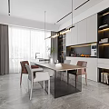 Elegant Modern Open Concept Living Dining Room With White Cabinets Wooden Walls And Sculpture Decor