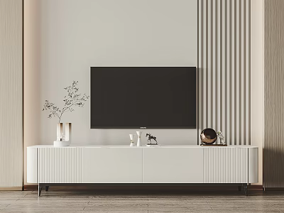 Modern White TV Stand With Decorative Vase Sculpture And Textured Wall TV Setup 3d model