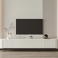 Modern White TV Stand With Decorative Vase Sculpture And Textured Wall TV Setup
