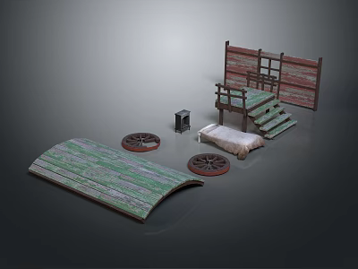 Vintage Wooden Structure Elements With Platform Stairs Curved Plank Wheels Chest And Mat 3d model