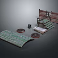 Vintage Wooden Structure Elements With Platform Stairs Curved Plank Wheels Chest And Mat