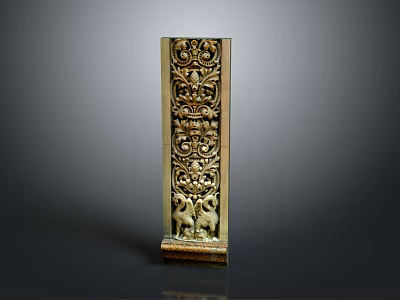 Golden Architectural Column With Intricate Carvings And Animal Figures At Base 3d model