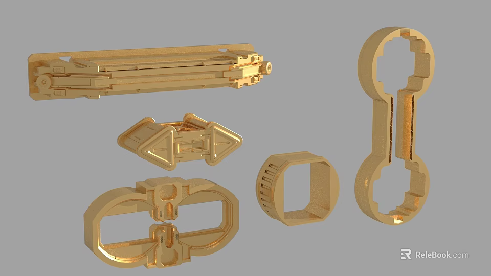 Golden Shiny Metal Mechanical Parts With Various Industrial Shapes And Structures 3d model 