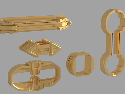 Golden Shiny Metal Mechanical Parts With Various Industrial Shapes And Structures 3d model