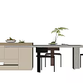 Modern Sleek Dining Table Set With Matching Chairs Decorative Plants And Fruit Platter 3d model