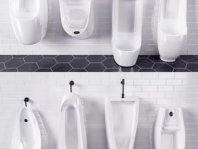 Modern Wall Mounted Urinals In Bathroom With Different Designs And Tile Background 3d model