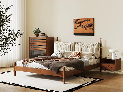 Wooden Double Bed With Striped Pillows Throw Pillows Nightstand Dresser And Decorative Painting 3d model