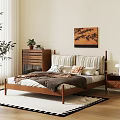 Wooden Double Bed With Striped Pillows Throw Pillows Nightstand Dresser And Decorative Painting