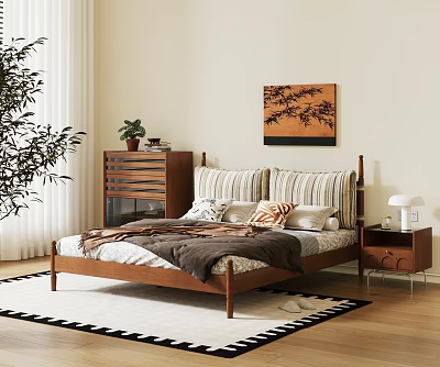 Wooden Double Bed With Striped Pillows Throw Pillows Nightstand Dresser And Decorative Painting 3d model