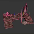Outdoor Wooden Dock Structure With Steps Colorful Flags And Circular Platform