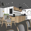 Modern Restaurant Interior With Wooden Tables Gray Chairs And Pendant Lights