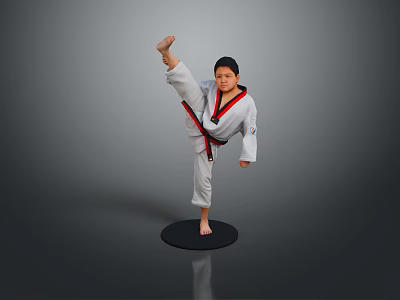 Man in White Taekwondo Uniform with Black Belt Performing High Kick on Mat 3d model
