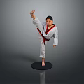 Man in White Taekwondo Uniform with Black Belt Performing High Kick on Mat