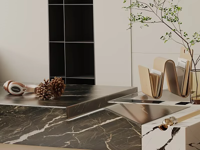 Modern Sofa Coffee Table Set With Marble Top Wooden Frame And Decorative Plants 3d model